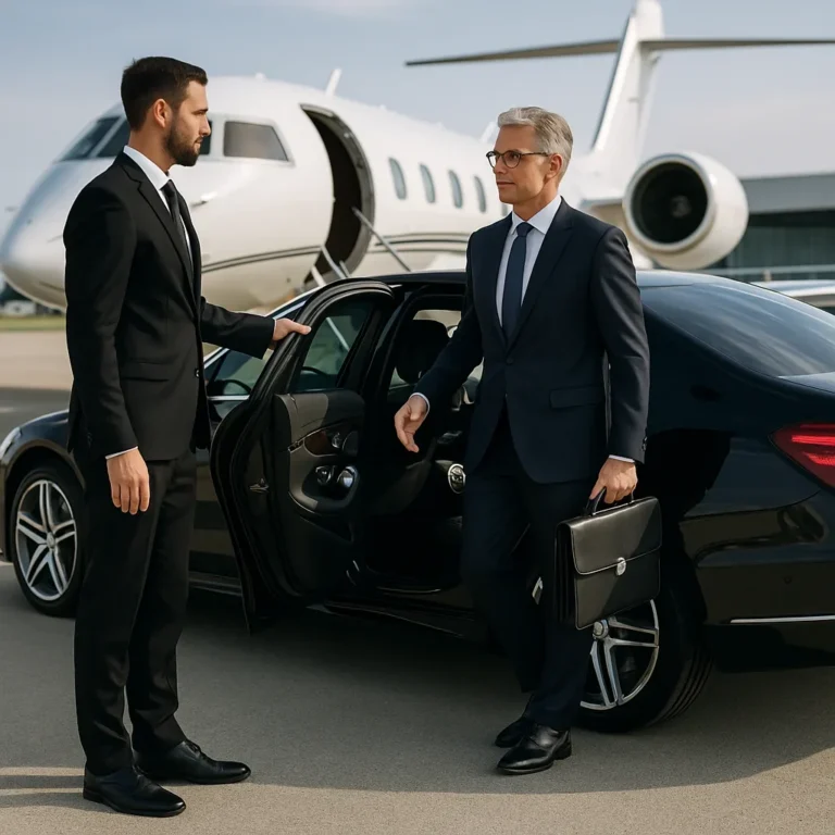 VIP-chauffeur-assisting-executive-out-of-luxury-car-at-private-airport